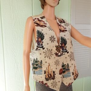 Facets By Mirrors 45 Vest Women's Tapestry Christmas Sz L Beige NW out Tags
